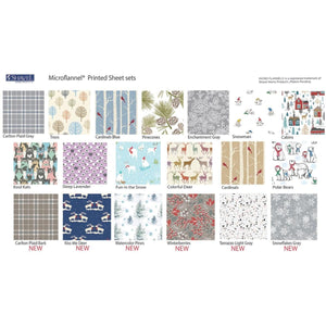 Shavel Microflannel printed sheet set pattern swatches including plaid, floral, animal, and seasonal winter designs