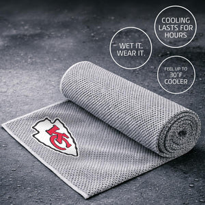 Kansas City Chiefs cooling towel with instructions to wet and wear for cooling relief