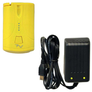 Yellow portable battery pack with black wall charger and USB cable