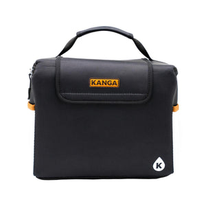 Black Kanga cooler bag with top handle and orange logo patch