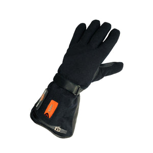 California Heat black heated motorcycle glove with orange power button on cuff