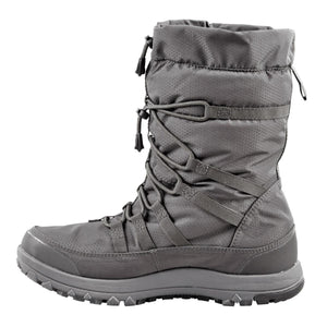 Grey insulated winter boot with lace up toggle closure and textured rubber sole