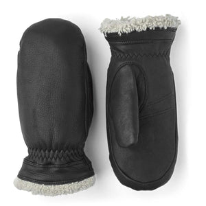 Hestra black leather mittens with grey shearling lining