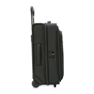 Side view of a black Briggs and Riley carry on suitcase with wheels and extended handle