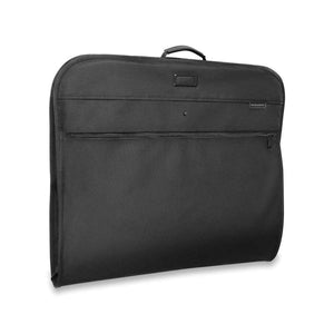 Black Briggs and Riley garment bag with top handle and front zipper pocket