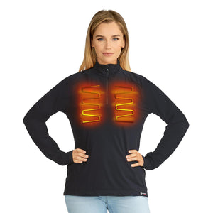 Woman wearing a black Venture Heat heated quarter zip pullover with glowing chest heating elements