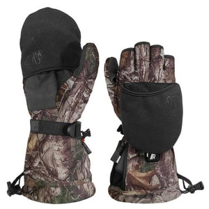 Camo pattern convertible mittens with black flip top covers and adjustable wrist straps