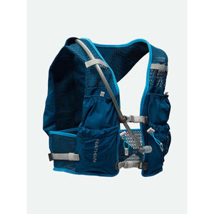Nathan blue hydration running vest with mesh panels and water tube
