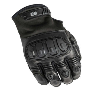 Black leather motorcycle glove with knuckle protection and F3 branding