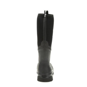 Back view of a black Muck rubber boot with a pull tab