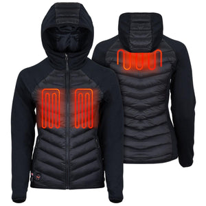 Black hooded heated jacket showing front and back heating elements
