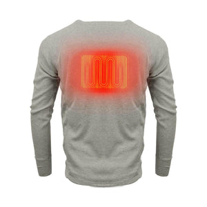 Back view of a grey long sleeve thermal shirt with a glowing red heating element graphic on the upper back