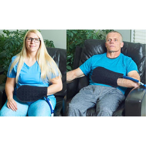 Two people sitting in chairs using a black arm cold therapy wrap