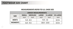 Temp360 unisex footwear size chart showing US shoe size measurements for small to 2X-large sizes