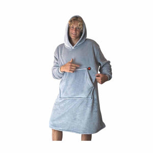 Person wearing a light blue fleece hooded blanket with a front pocket