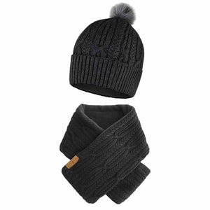 ActionHeat black cable knit beanie with pom pom and matching scarf set