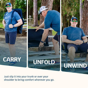 Man demonstrating how to carry unfold and sit on a portable stadium seat