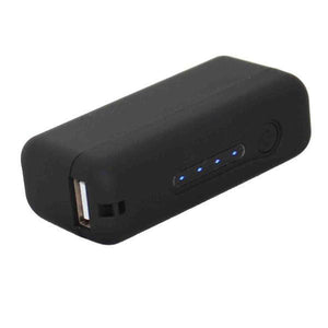 Black rectangular portable power bank with a USB port and four blue battery indicator lights