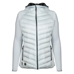 Mobile Warming light grey hooded heated jacket with quilted front panel and black zipper