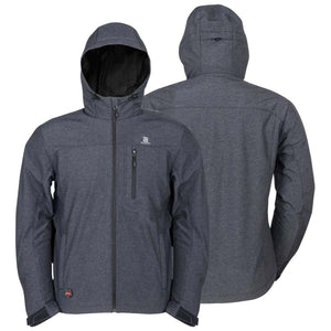 Mobile Warming grey hooded softshell jacket shown from front and back views