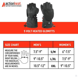 ActionHeat 5 volt heated glomitts size chart with hand measurement instructions