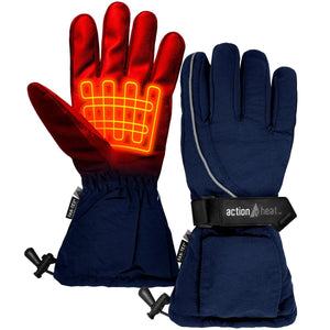 ActionHeat navy blue battery heated gloves with visible heating element graphic