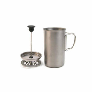 Snow Peak titanium french press coffee maker with detached plunger and mug