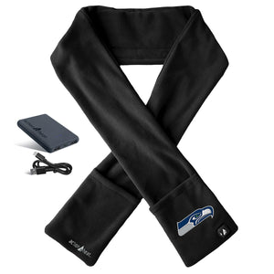 ActionHeat black fleece scarf with Seattle Seahawks logo battery pack and charging cable
