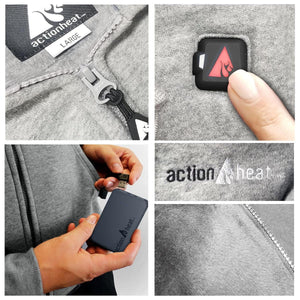 ActionHeat heated hoodie details showing zipper, power button, battery pack, and brand logo