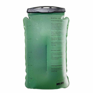CompCooler green hydration bladder with printed operating instructions and volume markings