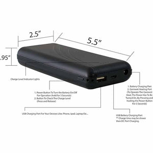 NexGen battery pack with labeled dimensions and ports for charging devices and heating garments