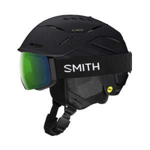 Matte black Smith ski helmet with green mirrored goggles and Mips branding