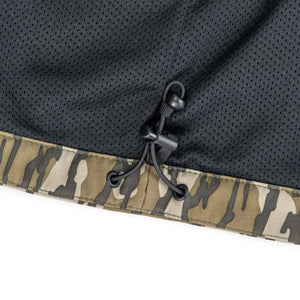 Mobile Warming jacket hem with black mesh lining and adjustable drawstring cord lock