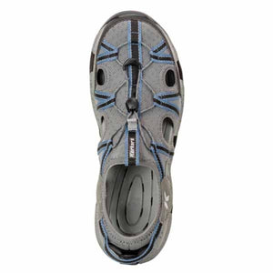 Top view of a grey and blue Korkers water shoe with a toggle lacing system