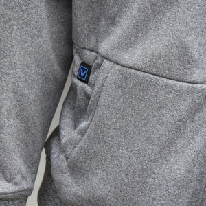 Close up of grey heathered hoodie pocket with V logo patch