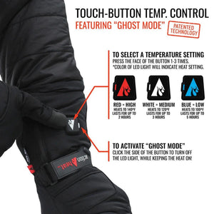 ActionHeat glove touch button temperature control instructions showing red white and blue heat settings