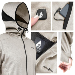 ActionHeat beige hooded jacket with battery power button, internal power bank pocket, and thumbhole cuffs