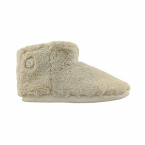 Beige faux fur ankle slipper with side zipper and circular power button