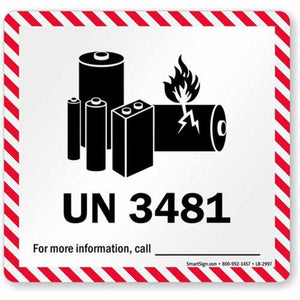 SmartSign UN 3481 lithium battery warning label with battery icons and fire symbol