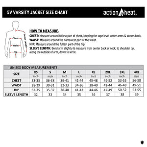 ActionHeat 5V varsity jacket unisex size chart with measurement instructions