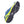 Blue and yellow trail running shoe with metal traction spikes attached to the sole