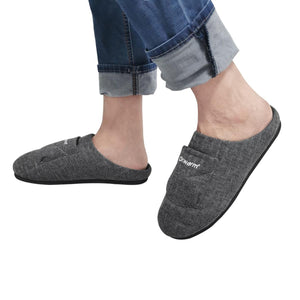 Person wearing grey Dr Warm slip on slippers with jeans