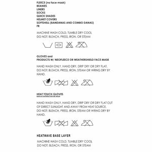 Care instructions and laundry symbols for various apparel items