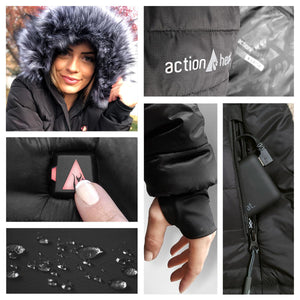 ActionHeat heated jacket features including power button, battery pack, water resistant fabric and thumbhole cuffs