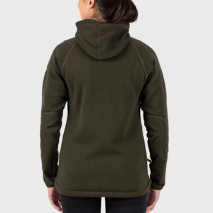 Back view of a FjallRaven olive green fleece hoodie with raglan sleeves