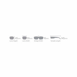 Diagram showing eyewear measurements including lens height 45mm, lens width 55mm, bridge width 16mm, temple length 145mm