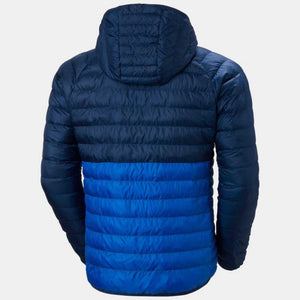 Back view of a Helly Hansen blue hooded puffer jacket with two tone color blocking