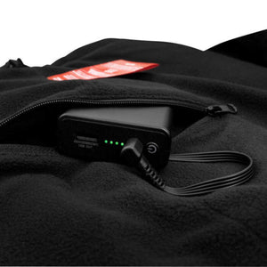 Radians black power bank with USB port and LED indicators inside a zippered fleece pocket