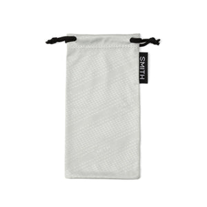 Light grey Smith microfiber eyewear pouch with black drawstring and logo tab