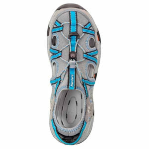 Korkers grey and blue water sandal with toggle lacing system